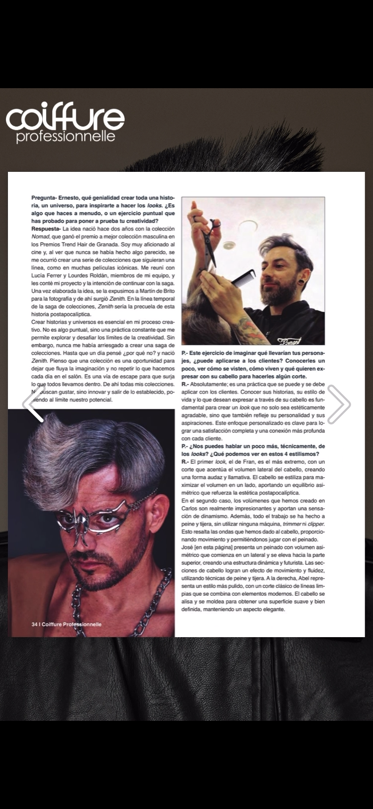 Página de revista Coiffure con dos fotografías, una de un estilista trabajando con herramientas de peluquería y otra de un modelo con peinado voluminoso y maquillaje metálico, junto a texto explicativo.
