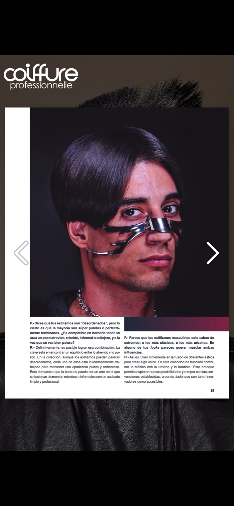 Página de revista Coiffure con la fotografía de un joven con peinado simétrico y maquillaje artístico en el rostro, acompañado de texto descriptivo en la parte inferior.