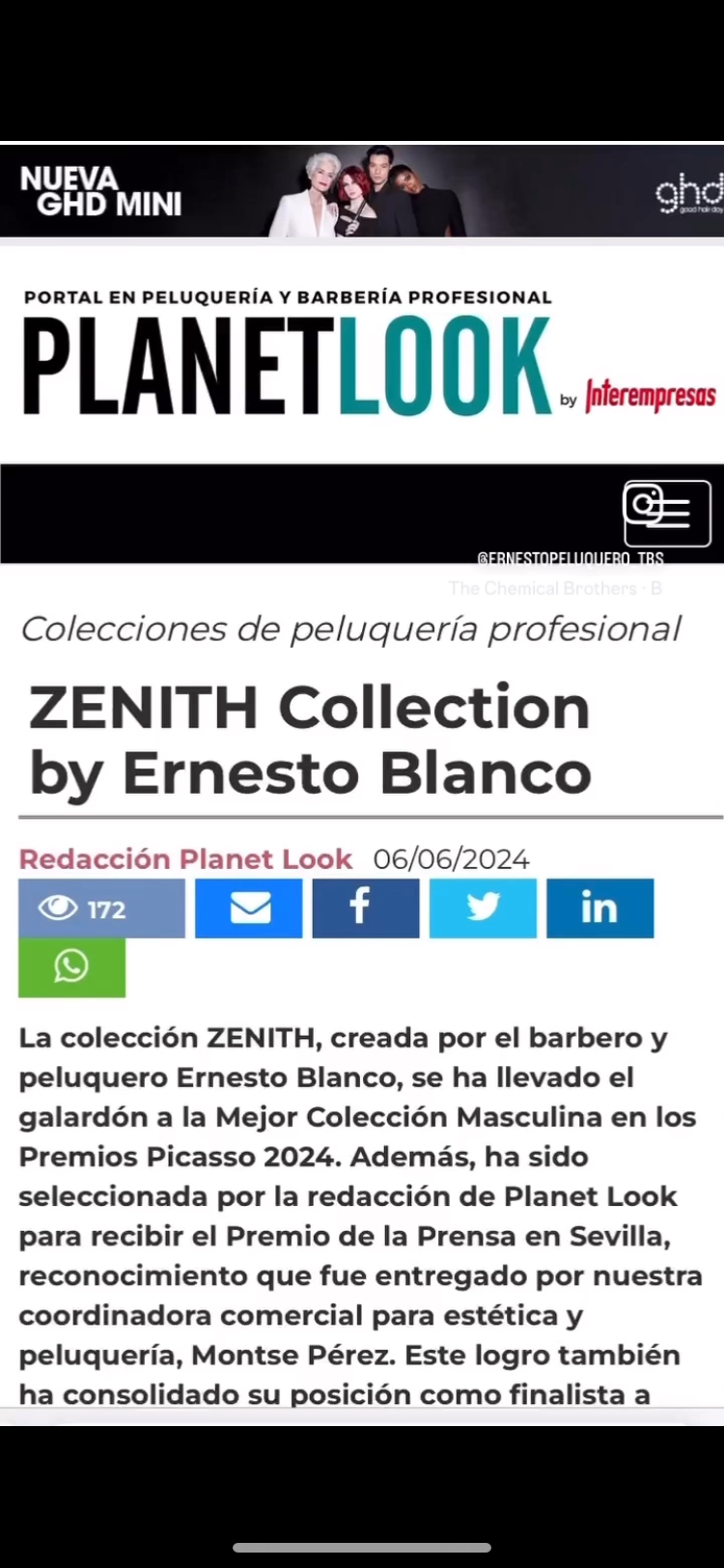 Captura de pantalla de una noticia del sitio PlanetLook sobre la colección ZENITH de Ernesto Blanco, con texto informativo y botones de redes sociales para compartir.