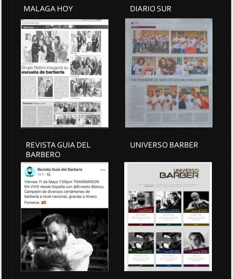 Collage con cuatro publicaciones. Arriba izquierda, nota de “Málaga Hoy” sobre una muestra de barbería; arriba derecha, página de “Diario Sur” con fotos de evento; abajo izquierda, anuncio de “Revista Guía del Barbero” con imagen de un barbero en acción; abajo derecha, contenido de “Universo Barber” con fotos de varios barberos.