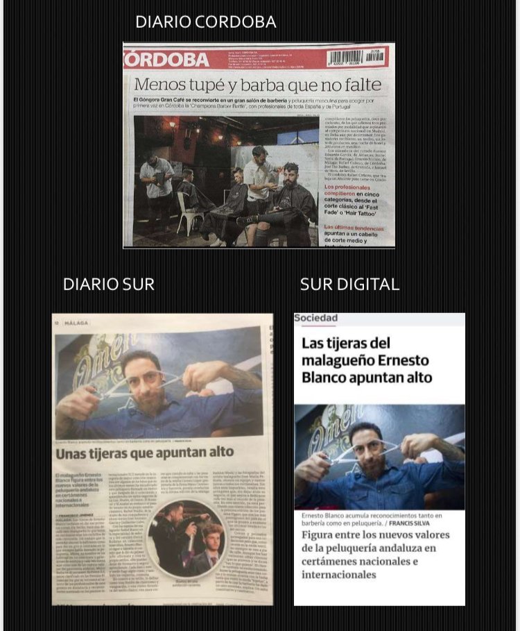 Recorte de artículos de prensa. Arriba, portada de "Diario Córdoba" con imagen de evento barbero; abajo izquierda, artículo de "Diario Sur" titulado "Unas tijeras que apuntan alto"; abajo derecha, artículo de "Sur Digital" con foto de Ernesto Blanco levantando unas tijeras.