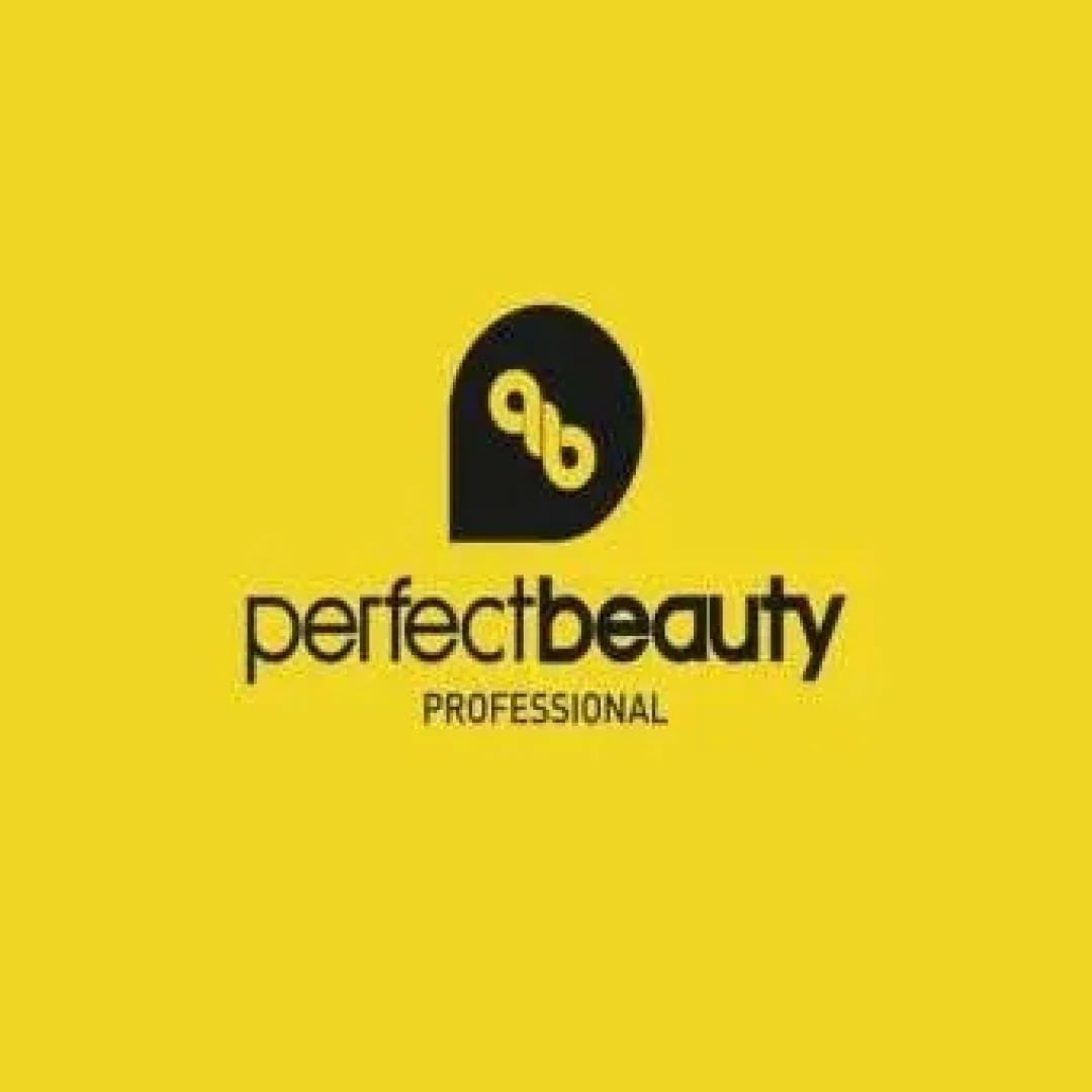 Logotipo de la marca "perfect beauty professional" en color negro sobre fondo amarillo, con diseño gráfico en forma de gota invertida.