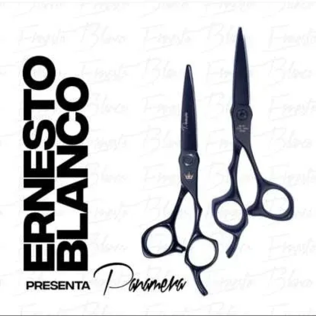 Imagen promocional con fondo blanco que muestra dos tijeras profesionales negras y el texto “Ernesto Blanco presenta Panamera”.
